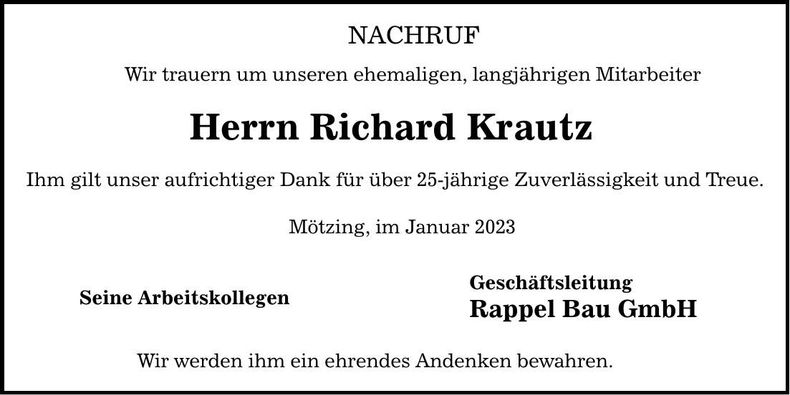 Traueranzeige Richard Krautz