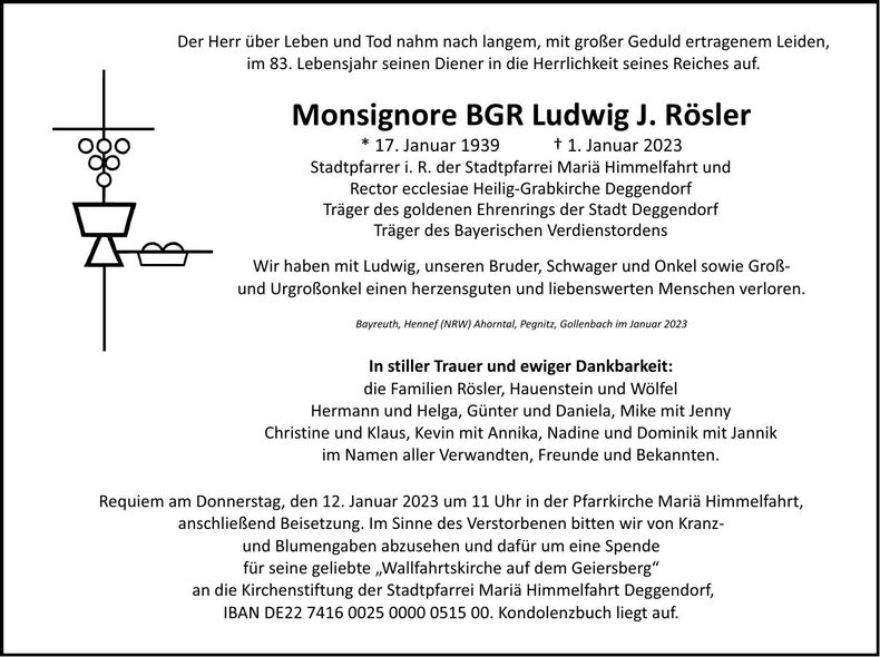 Traueranzeige Ludwig J. Monsignore BGR Rösler