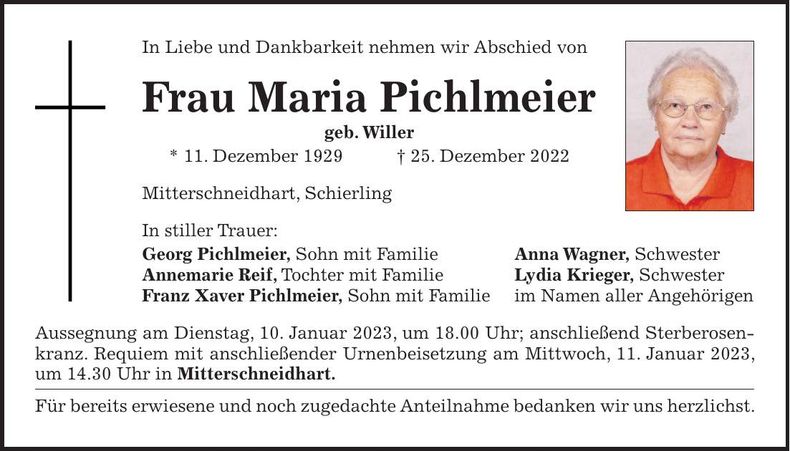 Traueranzeige Maria Pichlmeier