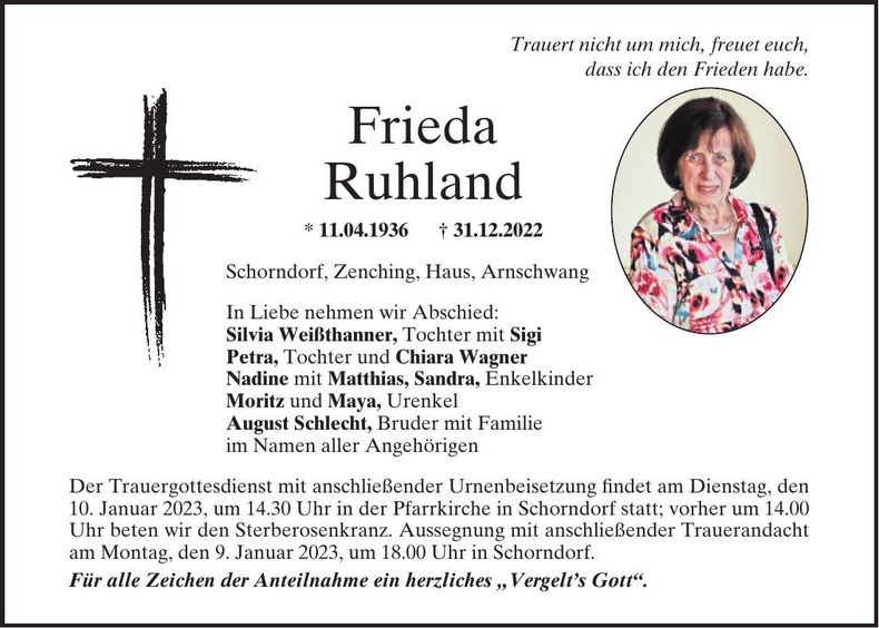 Traueranzeige Frieda Ruhland