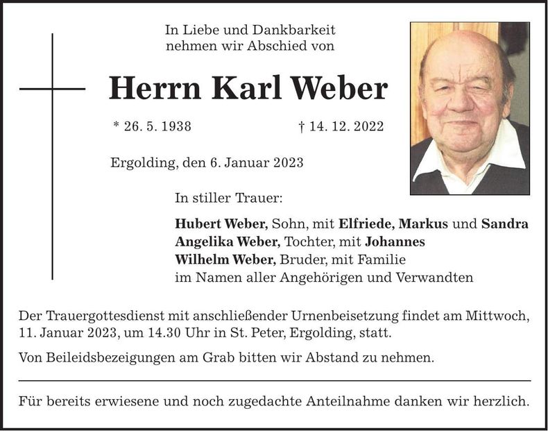 Traueranzeige Karl Weber