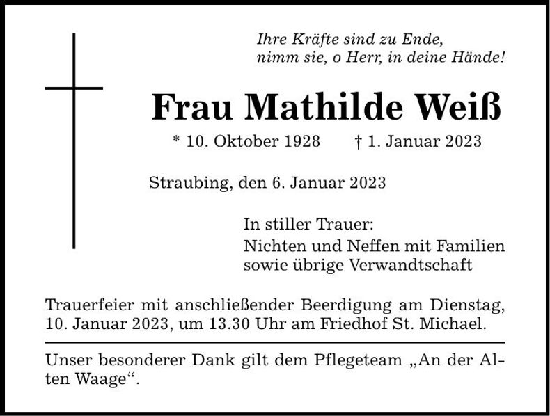 Traueranzeige Mathilde Weiß