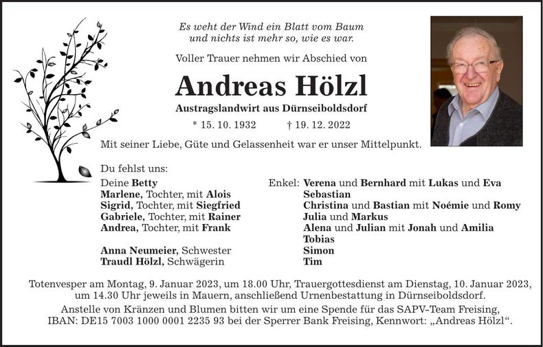 Traueranzeige Andreas Hölzl