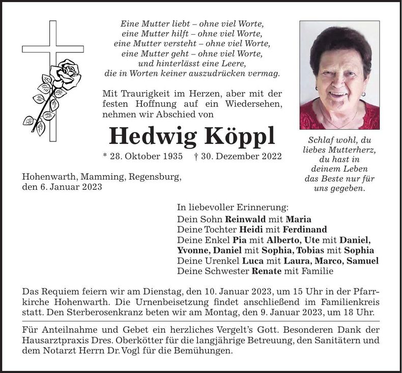Traueranzeige Hedwig Köppl