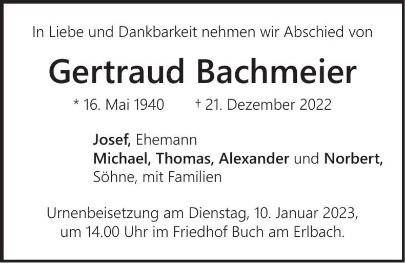 Traueranzeige Gertraud Bachmeier