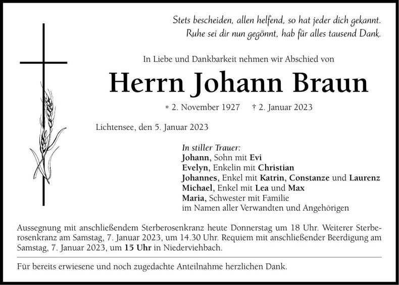 Traueranzeige Johann Braun