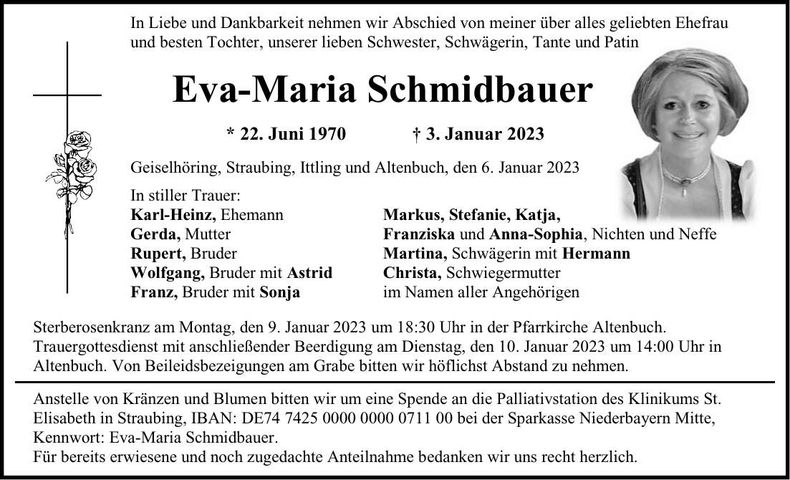 Traueranzeige Eva-Maria Schmidbauer