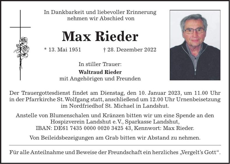 Traueranzeige Max Rieder