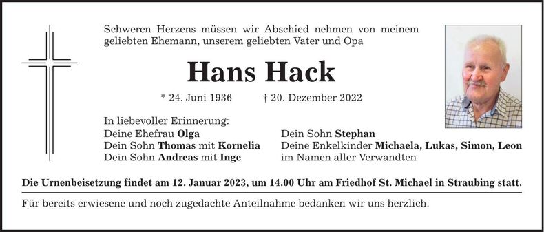 Traueranzeige Hans Hack