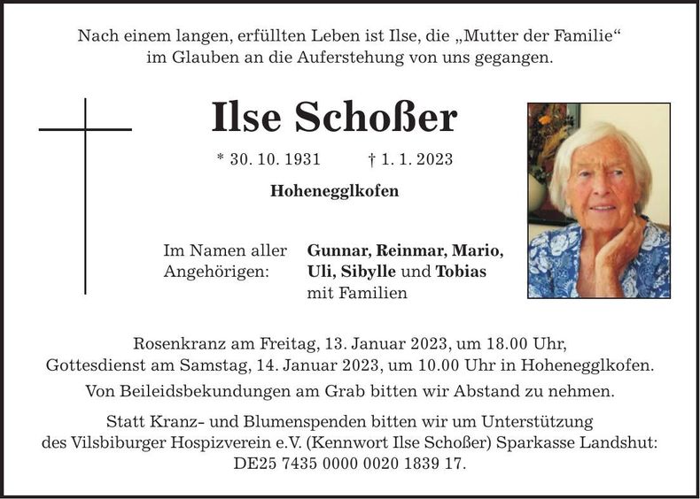 Traueranzeige Ilse Schoßer