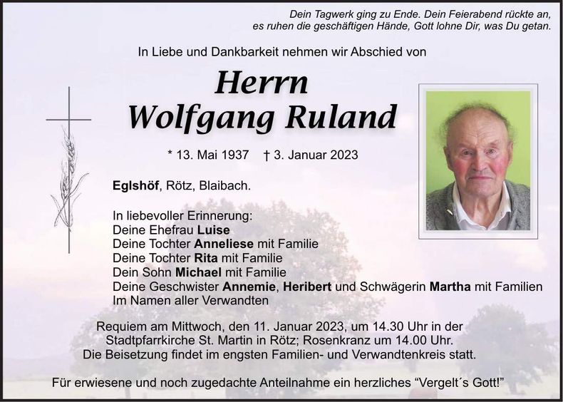 Traueranzeige Wolfgang Ruland