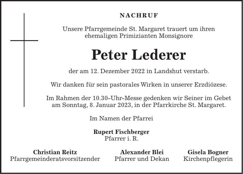 Traueranzeige Peter Lederer