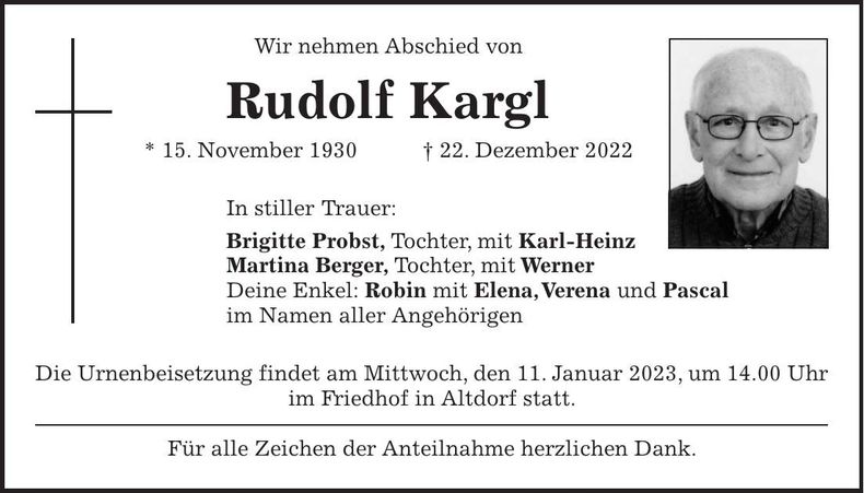Traueranzeige Rudolf Kargl