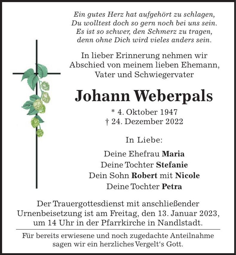 Traueranzeige Johann Weberpals