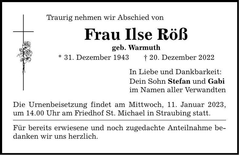 Traueranzeige Ilse Röß