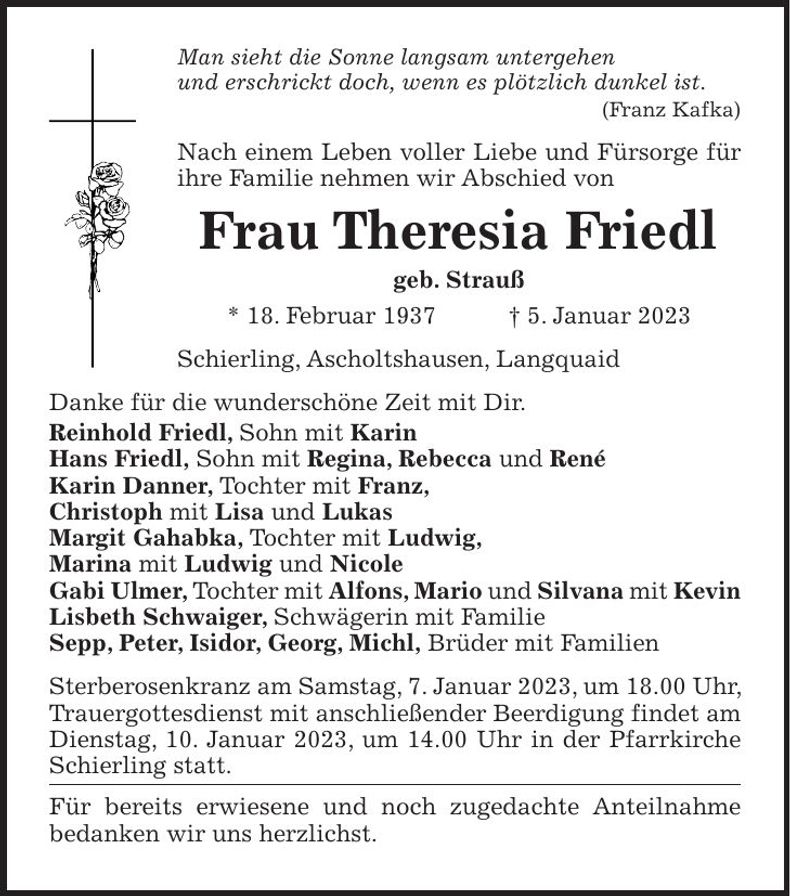Traueranzeige Theresia Friedl