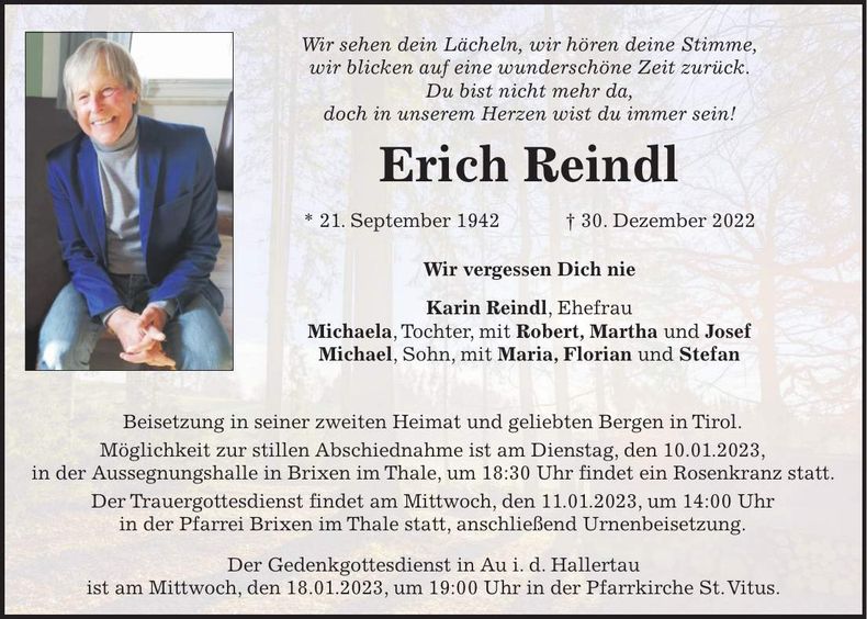 Traueranzeige Erich Reindl