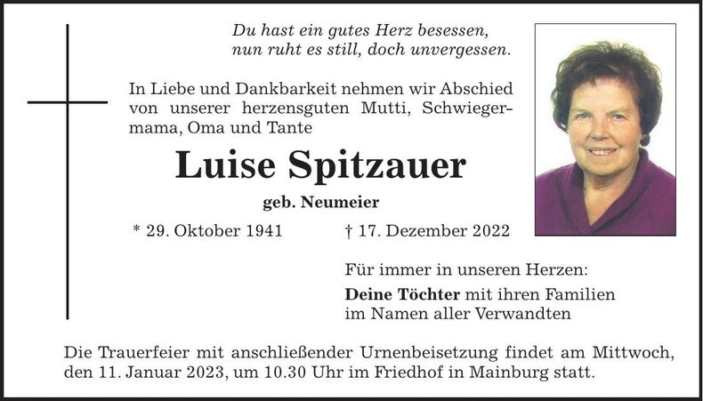 Traueranzeige Luise Spitzauer