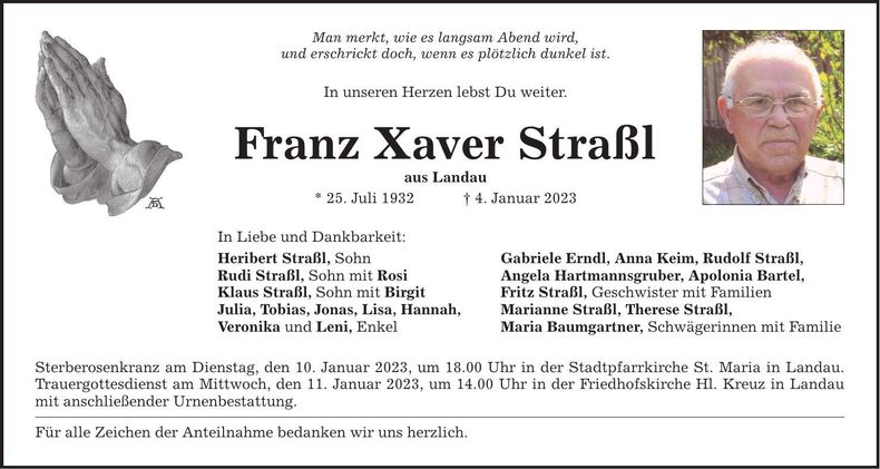 Traueranzeige Franz Xaver Straßl