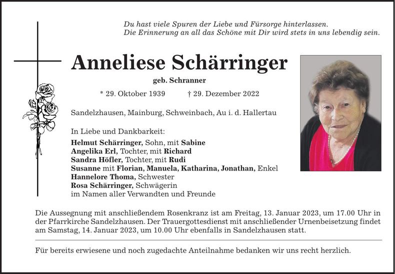 Traueranzeige Anneliese Schärringer