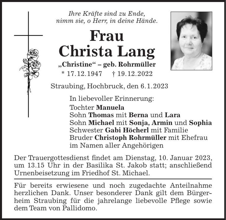 Traueranzeige Christa Lang