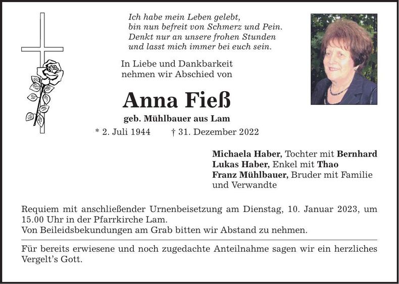Traueranzeige Anna Fieß