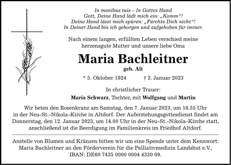 Traueranzeige Maria Bachleitner