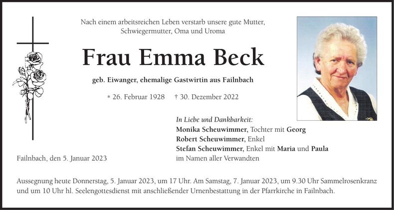 Traueranzeige Emma Beck