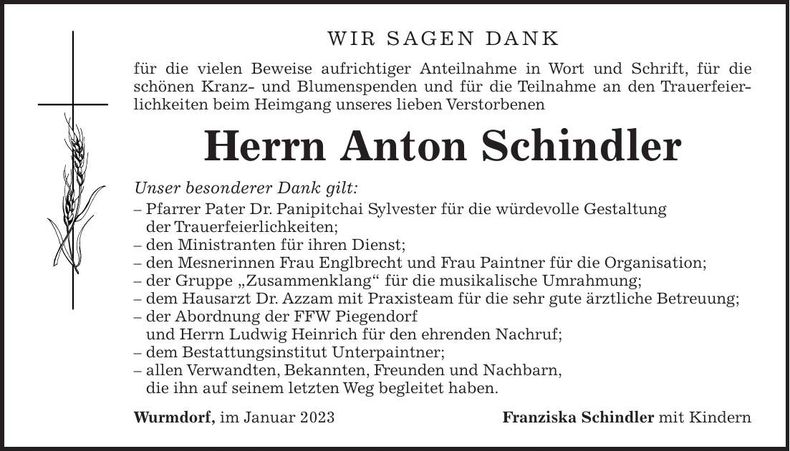 Traueranzeige Anton Schindler