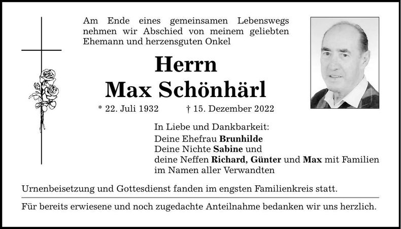 Traueranzeige Max Schönhärl
