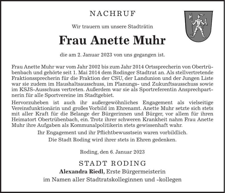 Traueranzeige Anette Muhr