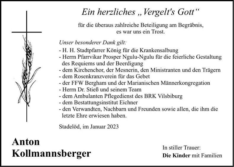 Traueranzeige Anton Kollmannsperger