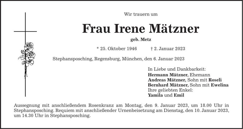 Traueranzeige Irene Mätzner