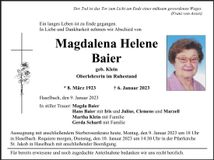 Traueranzeige Magdalena Helene Baier