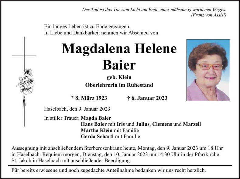 Traueranzeige Magdalena Helene Baier