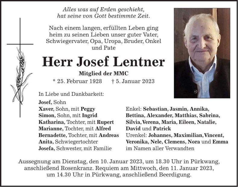 Traueranzeige Josef Lentner