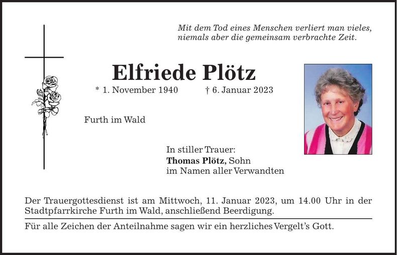Traueranzeige Elfriede Plötz