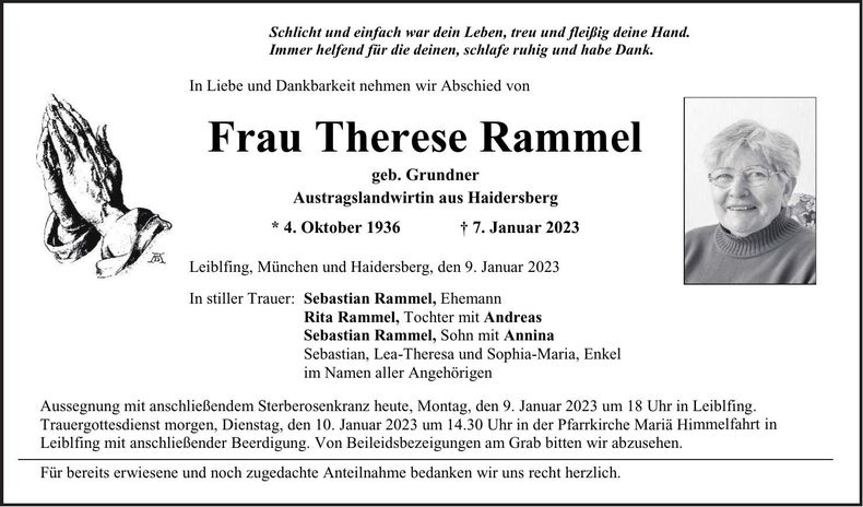 Traueranzeige Therese Rammel