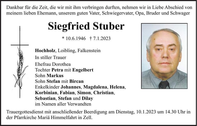 Traueranzeige Siegfried Stuber