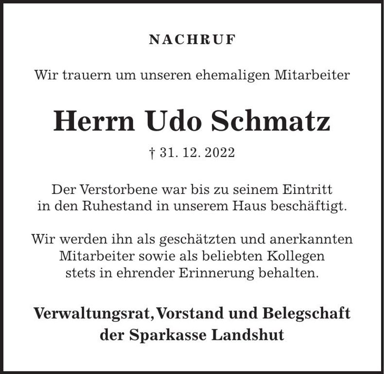 Traueranzeige Schmatz Udo