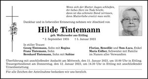 Traueranzeige Hilde Tintemann