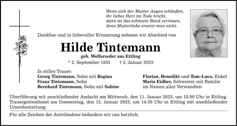 Traueranzeige Hilde Tintemann