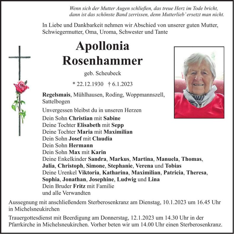 Traueranzeige Apollonia Rosenhammer