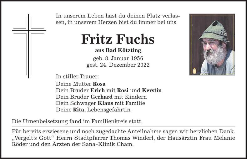 Traueranzeige Fritz Fuchs