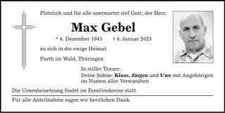 Traueranzeige Max Gebel