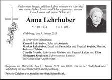 Traueranzeige Anna Lehrhuber