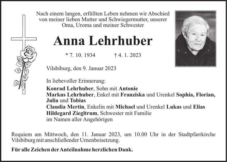 Traueranzeige Anna Lehrhuber