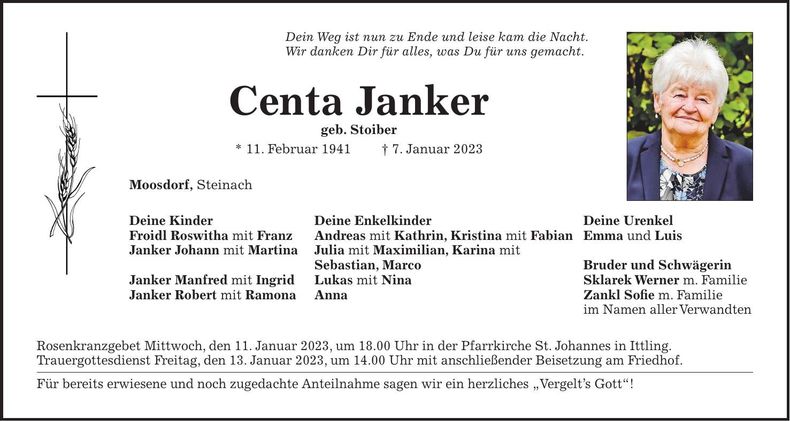 Traueranzeige Centa Janker