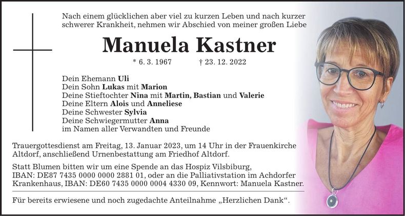 Traueranzeige Manuela Kastner