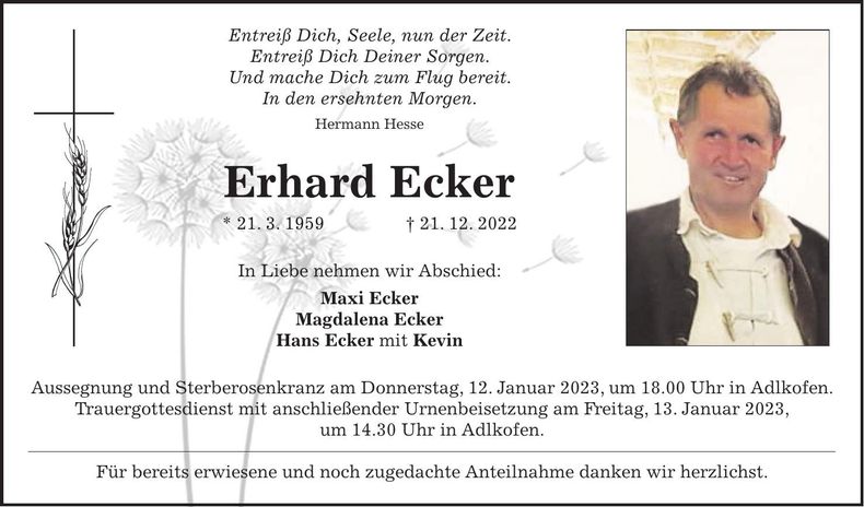 Traueranzeige Erhard Ecker